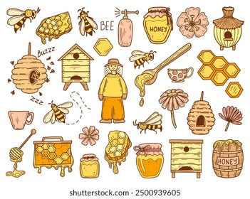 Honey apiary doodle clipart. Sweet farm, beekeeper, bee, wax, hive. Hand drawn vector flat illustration. Large set of elements.