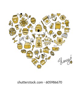 Honey apiary icons, heart shape. Sketch for your design