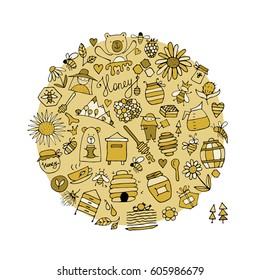 Honey apiary, icons set. Sketch for your design