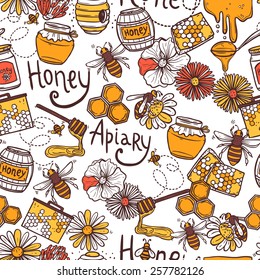 Honey apiary seamless pattern with sweet food flying bee wax vector illustration