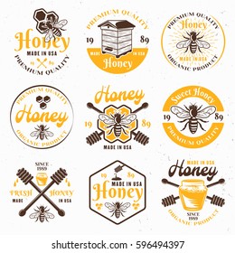 Honey and apiary set of colored vector emblems, labels, badges and signs for package design isolated on light background