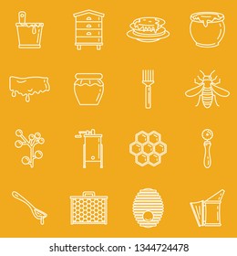 Honey apiary vector outline object collection. Vector set of natural honey and hive of bee insect isolated on yellow background