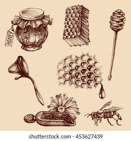 Honey and apiculture set. Bee vector icons collection