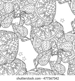 Honey apple doodle and bees semless pattern.Hand drawn vector illustration. Sketch for tattoo adult coloring anti stress book. Zen art collection boho style.