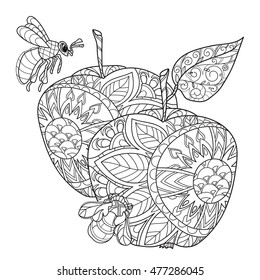 Honey apple doodle and bees.Hand drawn vector illustration. Sketch for tattoo adult coloring anti stress book. Zen art collection boho style.