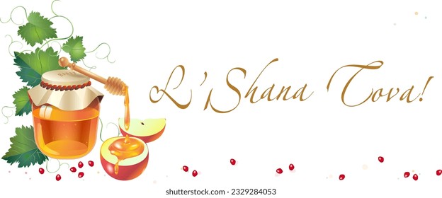 Honey and apple. Shana Tova, Rosh Hashana - Happy New Year Jewish Holiday translate from Hebrew. Greeting card vector template