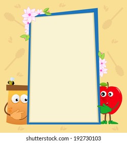 Honey and Apple Vertical Banner - Blank banner with cartoon honey jar and apple on each side and a decorative background. Eps10