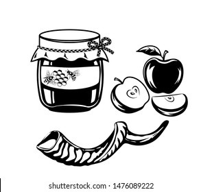 Honey, Apples And Horn (shofar). Silhouette, Without Background, Isolated. Clip Art For Jewish Holiday Rosh Hashanah