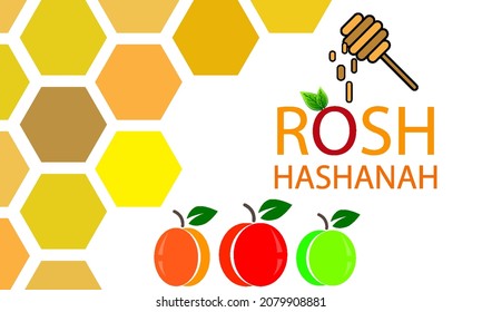 Honey apples and peach for Rosh Hashanah Jewish New Year, vector art illustration.