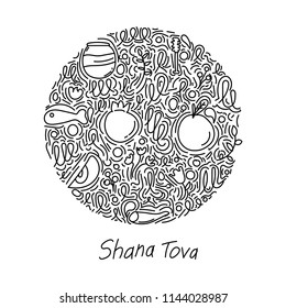 Honey, apples, pomegranate, illustration in the form of a circle. vector graphics, illustration in the style of doodle, Shana Tova, Rosh Hashanah