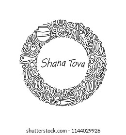 Honey, apples, pomegranate, illustration round frame. vector graphics, illustration in the style of doodle, Shana Tova, Rosh Hashanah