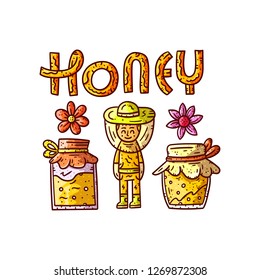 Honey art. Honey beekeeper. Doodle style isolated elements on white background. Vector illustration. Clipart collection