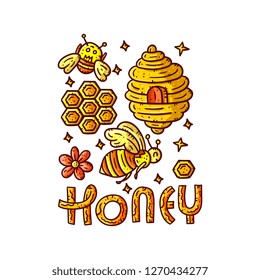 Honey art. Lettering illustration with cliparts. Doodle style isolated elements on white background