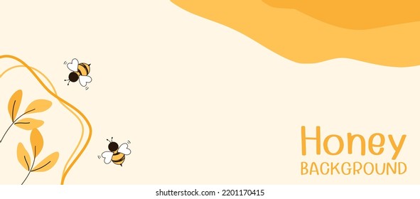 Honey background with bee cartoons, leaves and hand drawn line on yellow background vector illustration.