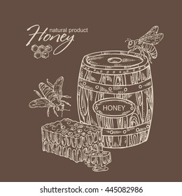 Honey background with a bee and honeycomb and barrel, hand drawn