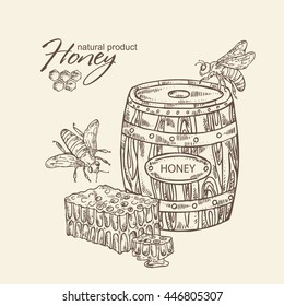 Honey background with a bee and honeycomb and barrel, hand drawn