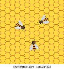 Honey Background with Bees Working on a Honeycomb