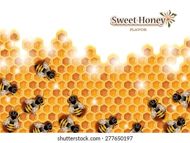 Honey Background with Bees Working on a Honeycomb