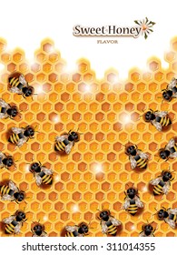 Honey Background with Bees Working on a Honeycomb