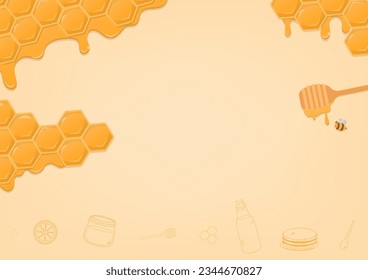 Concepto de fondo de miel. Combo de abeja con líquido de goteo de miel, abeja, iconos de contorno y espacio de copia sobre fondo amarillo.