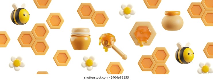 Honey background with cute volume 3d vector illustrations on white. Realistic colorful objects, cute bee, pot, honeycomb. Wooden stick with honey and chamomiles. Rendering elements with plastic effect