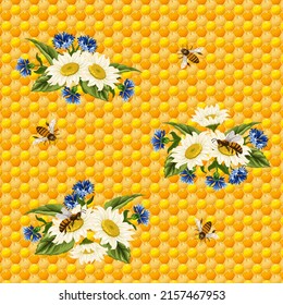 Honey background with daisies.Vector pattern with daisies, cornflowers and bees on a background of honeycombs.