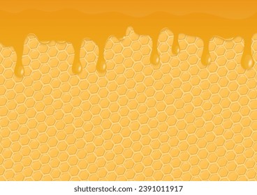 Honey background. Dripping honey with a honeycomb pattern. Vector illustration.