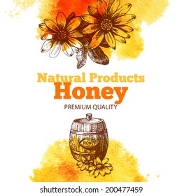 Honey background with hand drawn sketch and watercolor illustrations. Menu and package design	