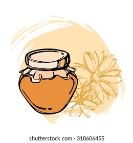 Honey background with hand drawn sketch illustration. Illustration for design and advertising. Can be used as a logo, banner and element composition. Vector illustration.