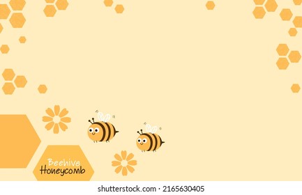 Fondo de miel con células de rejilla hexagonal, dibujos animados de flores y abejas ilustraciones vectoriales. 