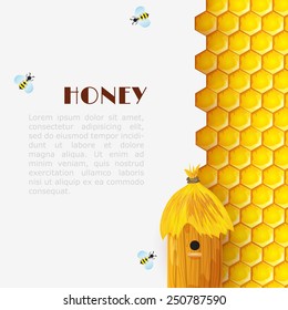 Honey background with hexagon honeycomb beehive and bumblebees insects vector illustration
