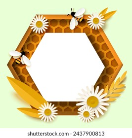 Honighintergrund mit sechseckigen Stücken von Waben, fliegenden Bienen und Kamille Gänseblümchen Blumen und Blättern, leerer Platz für Text Vektor-Illustration isoliert auf weiß