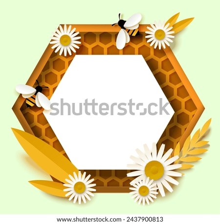 Honey background with hexagon shape pieces of honeycomb, flying bees and chamomile daisy flowers and leaves, empty place for text vector illustration isolated on white