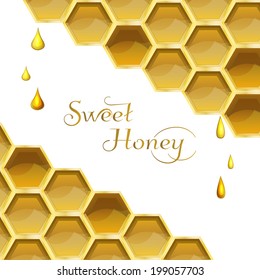 Honey background with honeycomb and drops of honey