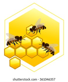Honey background with honeycombs and bees