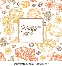 Honey background with a jar of honey, a bee, hive, flower and honeycomb. hand drawn
