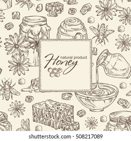 Honey background with a jar of honey, a bee, hive, flower and honeycomb. hand drawn