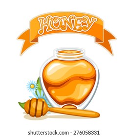 Honey background with honey jar, honey dipper, and honey lettering over ribbon