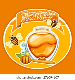 Honey background with honey jar, honey dipper, and honey lettering over ribbon