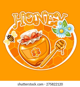 Honey background with honey jar, honey dipper, toast, daisies, bee and honey lettering