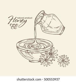 honey background with a jar of honey and  flower, hand drawn 