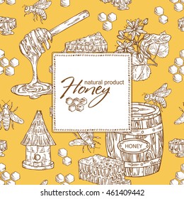 Honey background with a jar of honey, linden flower and honeycomb with a bee, hand drawn