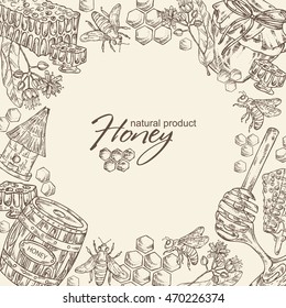 Honey background with a jar of honey, linden flower and honeycomb with a bee, hand drawn