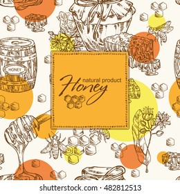 Honey background with a jar of honey, linden flower and honeycomb with a bee, hand drawn 