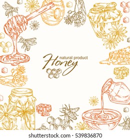 Honey background with a jar, linden flower and honeycomb with a bee, hand drawn