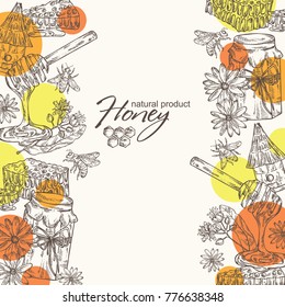 Honey background with a jar, linden flower and honeycomb with a bee. Vector hand drawn illustration