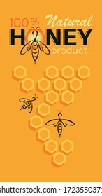 Honey background. Linear bee logo, honeycomb and the inscription on an orange background. 
