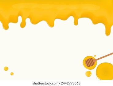 Honey background. Liquid honey drop on a white background with a wooden honey dipper and copy space.