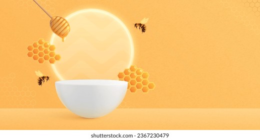 Honey background podium mockup realistic composition with images of bees honeycomb and pedestal with shiny circle vector illustration