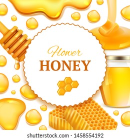 Honey background. Realistic frame with honeycomb and sticky golden honey farm fresh food splashes vector picture with place for text. Golden honey food, healthy organic nutrition dessert illustration